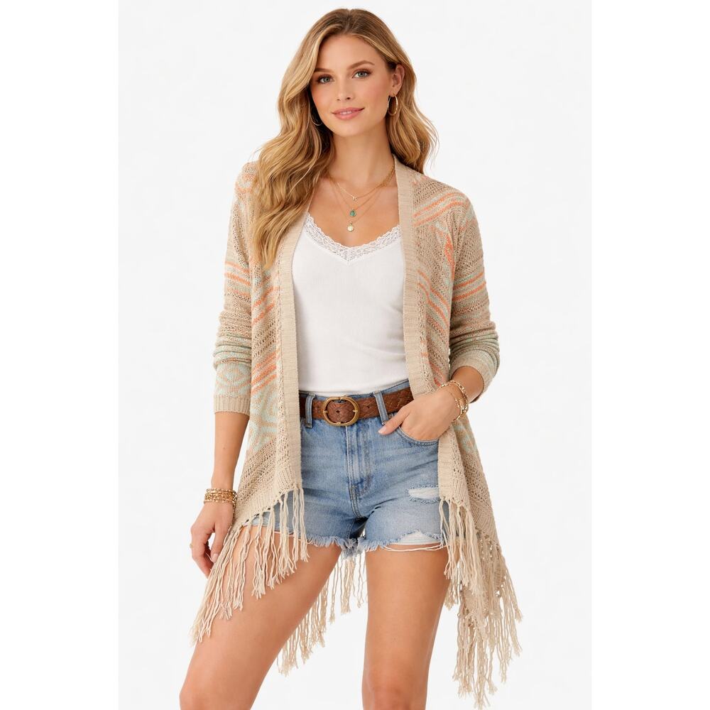 No Boundaries Womens Medium Boho Fringe Open Front Cardigan